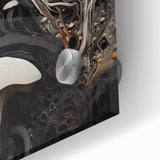 Large abstract wall art in mid-century modernist style with vibrant colors on acrylic glass, ideal for dining room decor.