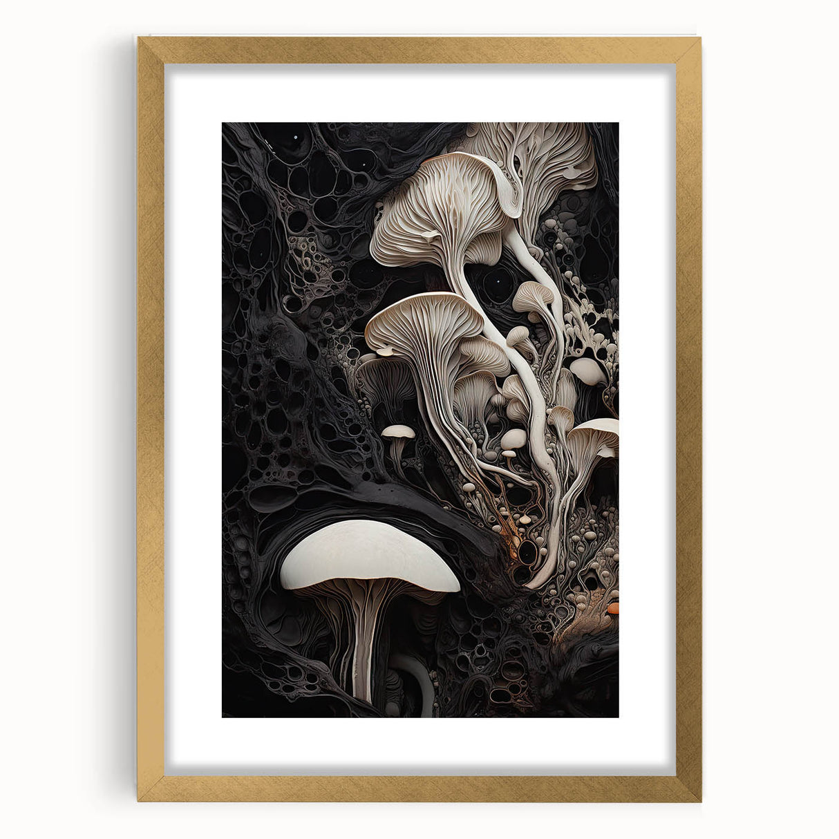 Extra large abstract art print in textured gold and white, framed with a mat, ideal for living room decor.