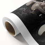 Art deco poster featuring a close-up of natural elements in muted green and brown hues on rolled canvas.