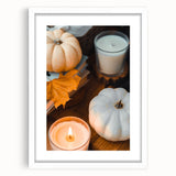 Abstract art print featuring swirling autumnal hues on a white-framed canvas, ideal for dining room decor.