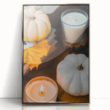 Mid-century modernist art depicting abstract fall foliage in warm orange and brown tones on a silver-framed acrylic print.
