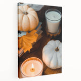 Side view of a large stretched canvas depicting a fall scene with orange and brown tones, suitable for kitchen wall art.
