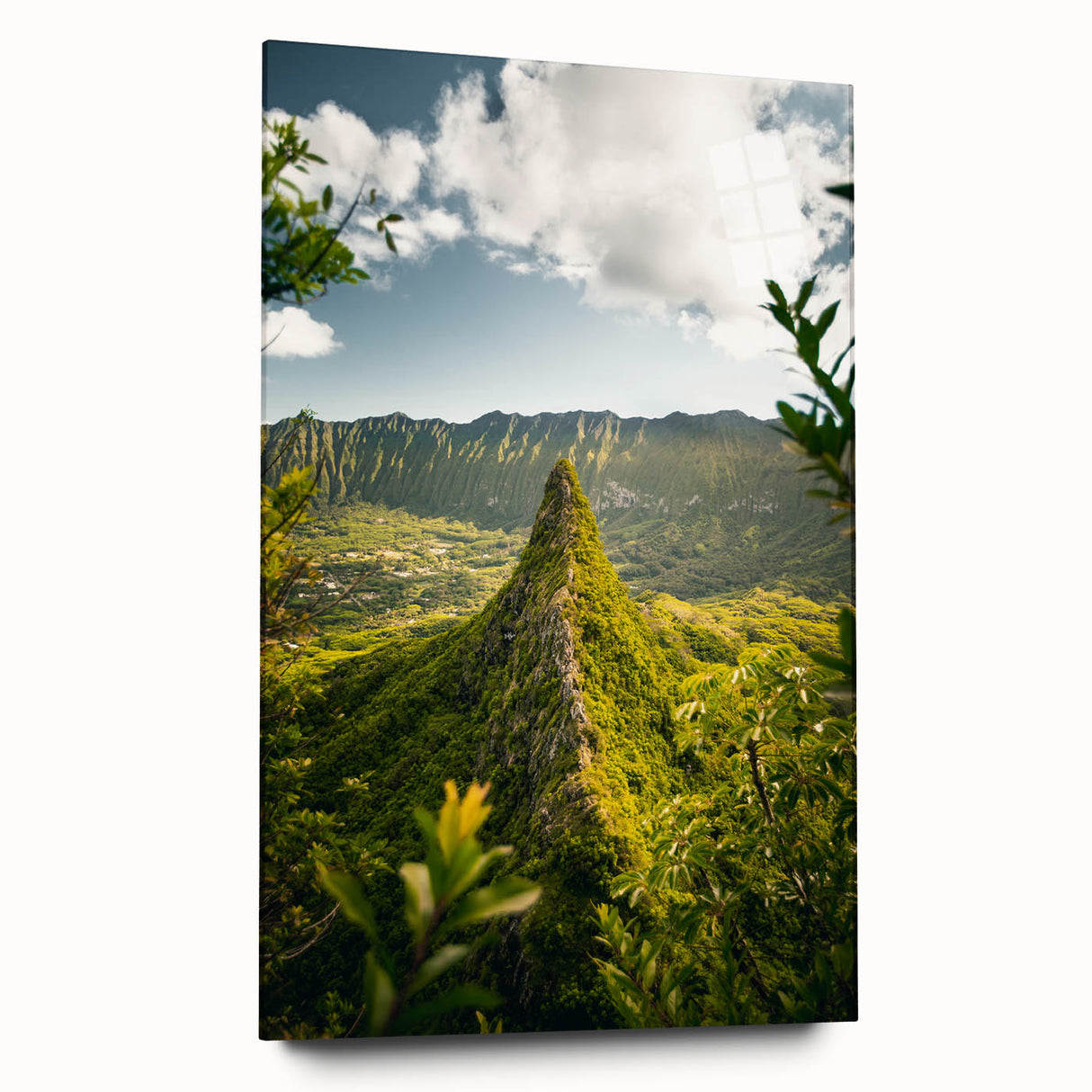 Large abstract wall art on acrylic glass featuring swirling spring hues of green and pink.