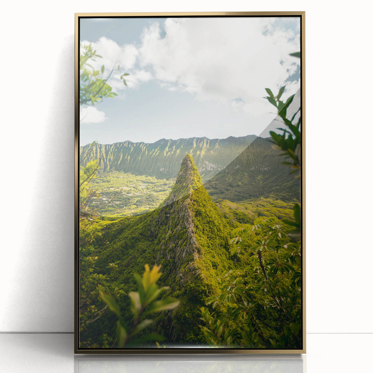 Large art print of a mid-century modernist spring scene in pastel shades, framed in gold acrylic.