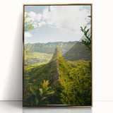 Large art print of a mid-century modernist spring scene in pastel shades, framed in gold acrylic.