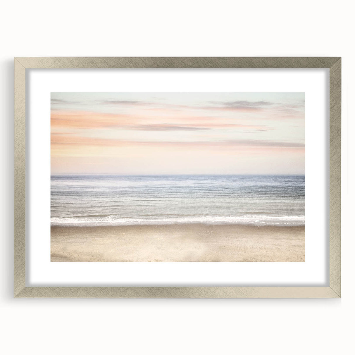 Textured abstract art print in vibrant orange and yellow hues, framed in silver, ideal for bedroom decor.