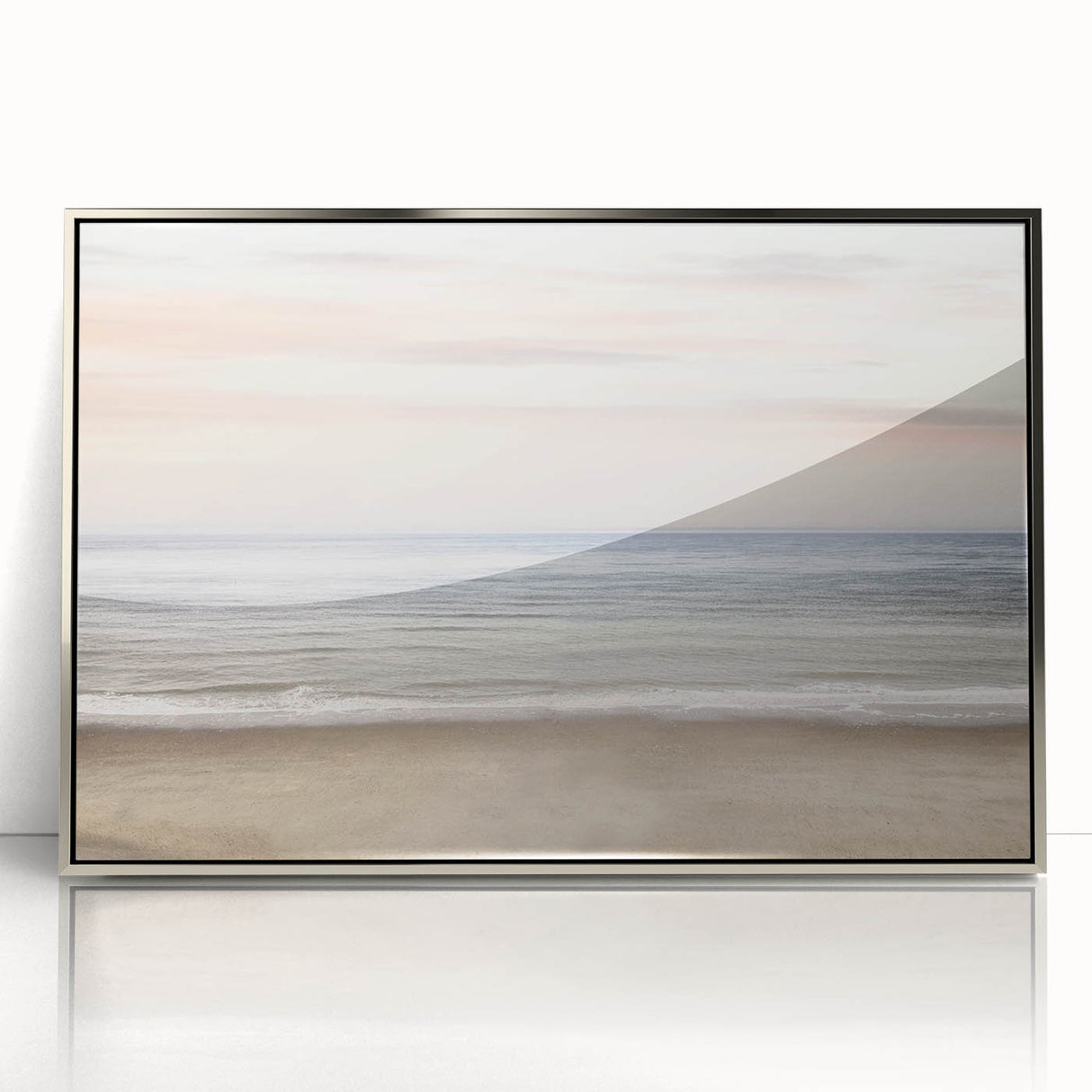 Mid-century modernist art featuring a stylized summer scene on a silver-framed acrylic print, suitable for nursery wall art.
