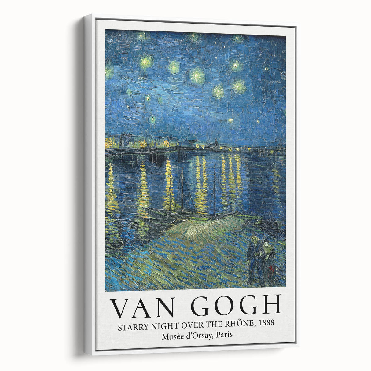 Vintage poster art of Van Gogh's painting on a large framed canvas, featuring vibrant colors against a black background.