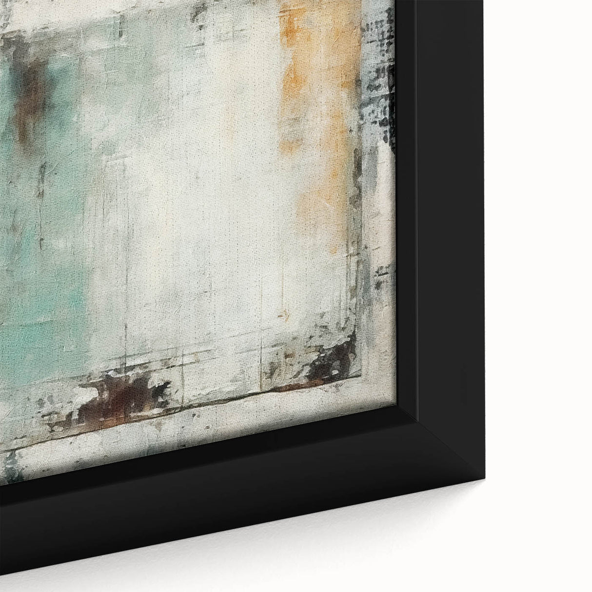 Close-up of a framed abstract strokes wall art piece showcasing vibrant blue, orange, and yellow colors on a textured canvas, perfect for modern home decor.