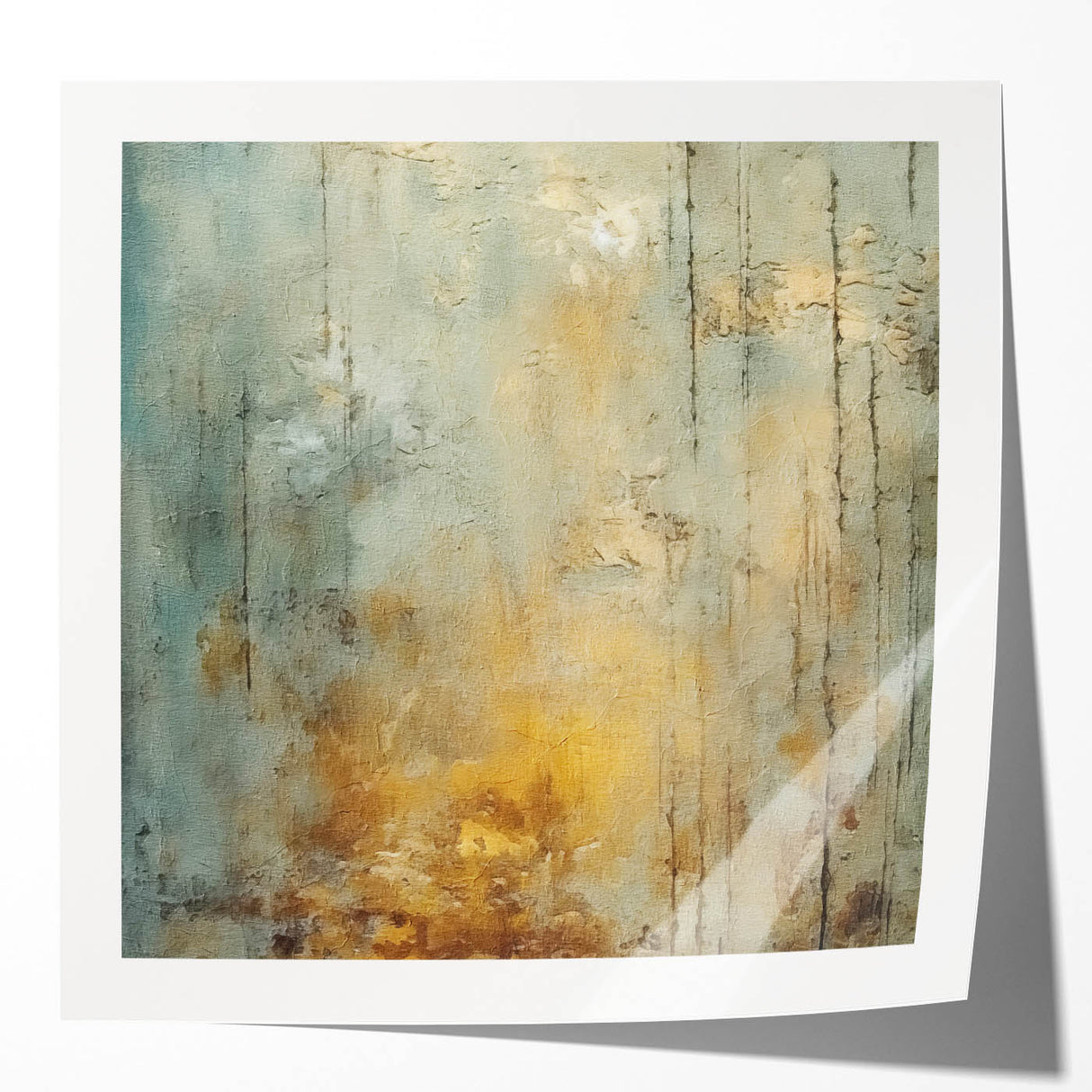 Abstract strokes wall art in vibrant colors of blue, orange, and gold, displayed in a modern living space, adding a contemporary touch to home decor.
