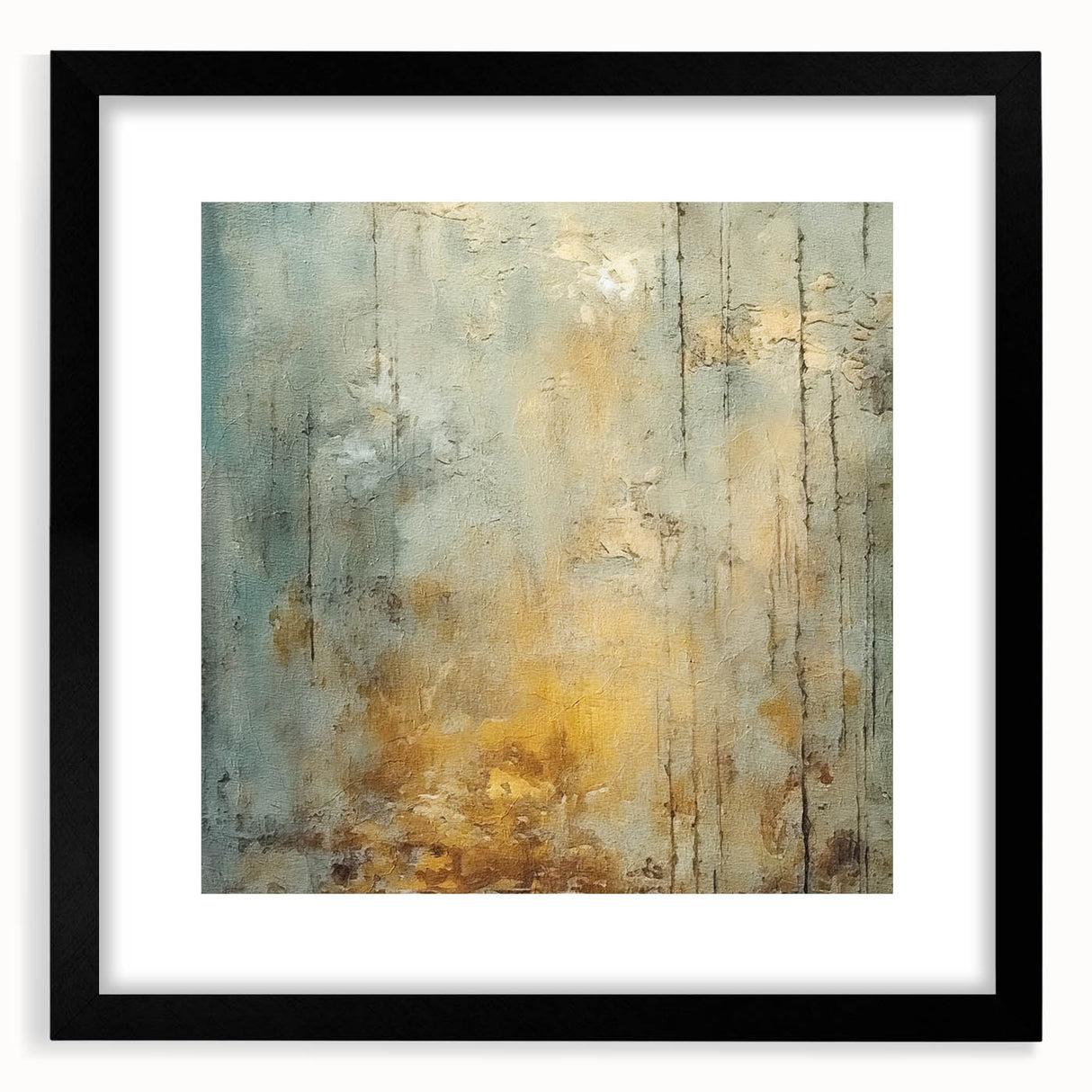 Abstract strokes wall art featuring a modern black frame and mat, showcasing vibrant colors and dynamic patterns, perfect for contemporary home decor.
