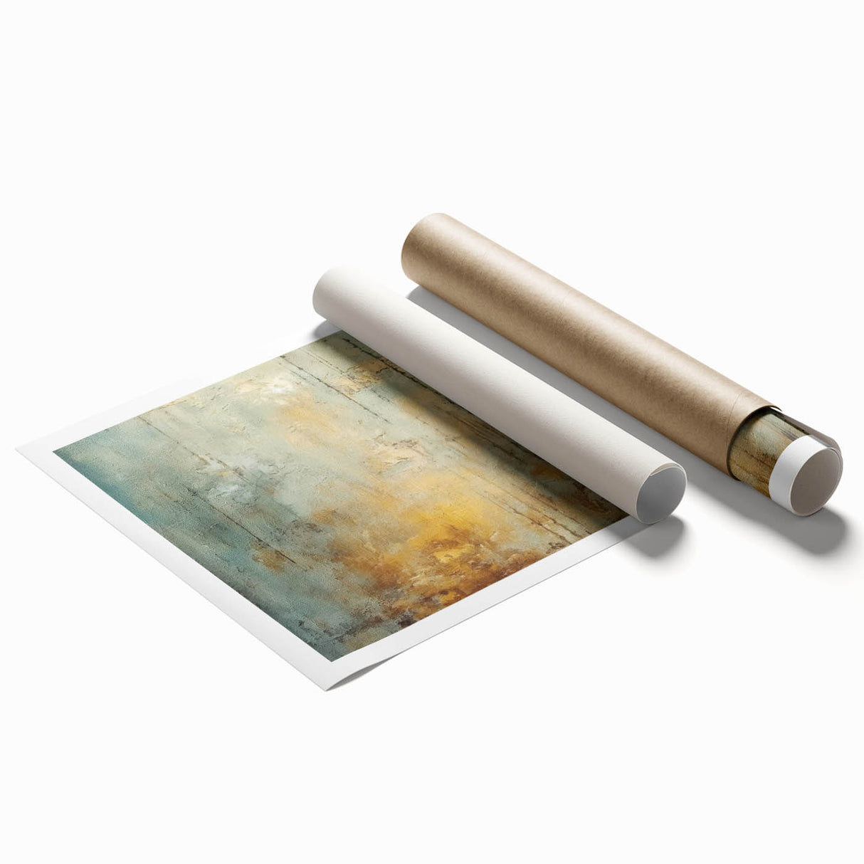 Abstract wall art print showcasing vibrant strokes in shades of blue, orange, and yellow, ideal for modern home decor. This rolled canvas artwork adds a dynamic touch to any space.
