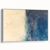 Framed abstract wall art featuring colorful strokes in blue, orange, and yellow on a white background, showcasing a modern design ideal for contemporary decor.