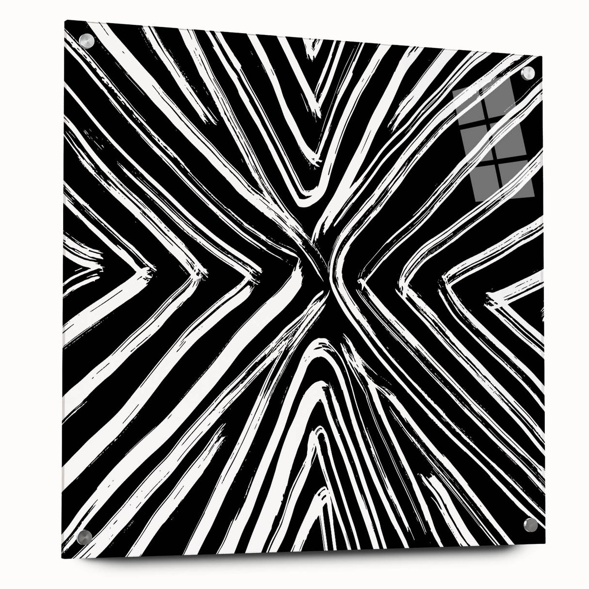 Abstract wall art design featuring colorful strokes on acrylic glass, displayed from a side view with visible mounting pins, enhancing modern interior decor.