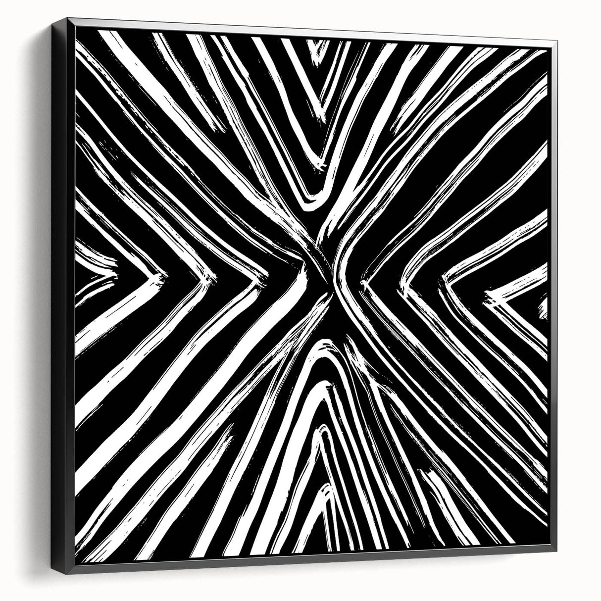 Framed canvas wall art featuring abstract strokes in black and white, showcasing a modern design ideal for contemporary home decor. Side view highlights the sleek frame, perfect for enhancing living spaces.
