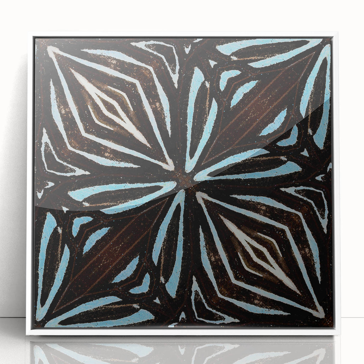 Framed abstract wall art featuring vibrant strokes in shades of blue, orange, and white, designed to enhance modern decor, displayed from a front view.