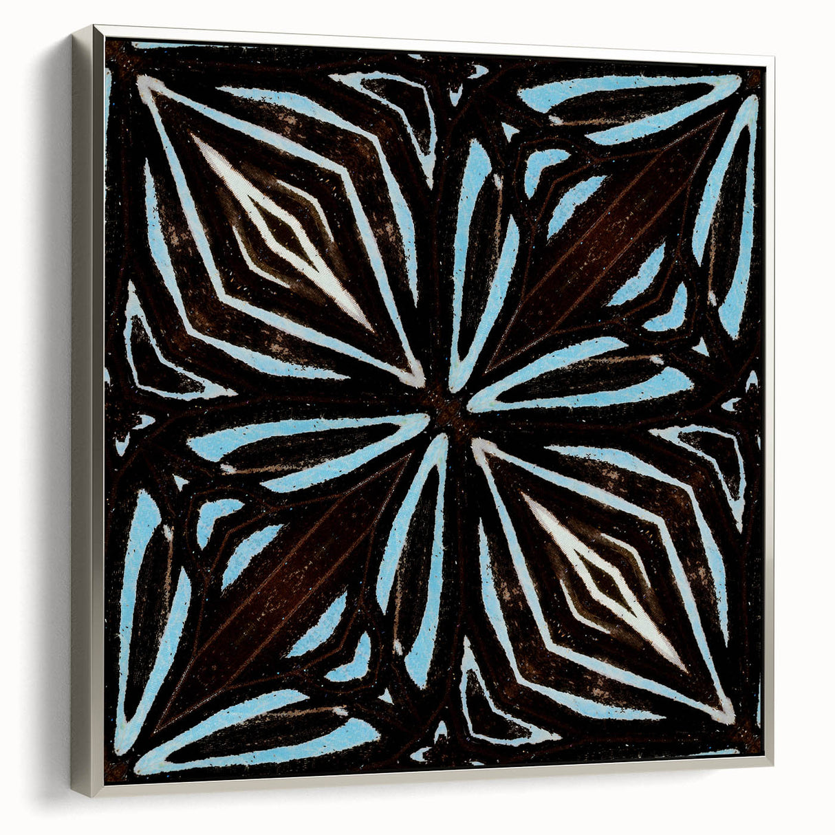 Framed abstract wall art featuring vibrant strokes in shades of blue, gray, and silver, showcasing a modern design ideal for contemporary home decor.