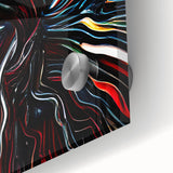 Close-up view of an abstract strokes wall art piece, showcasing vibrant colors of blues, yellows, and reds, printed on acrylic glass for a modern decor accent.