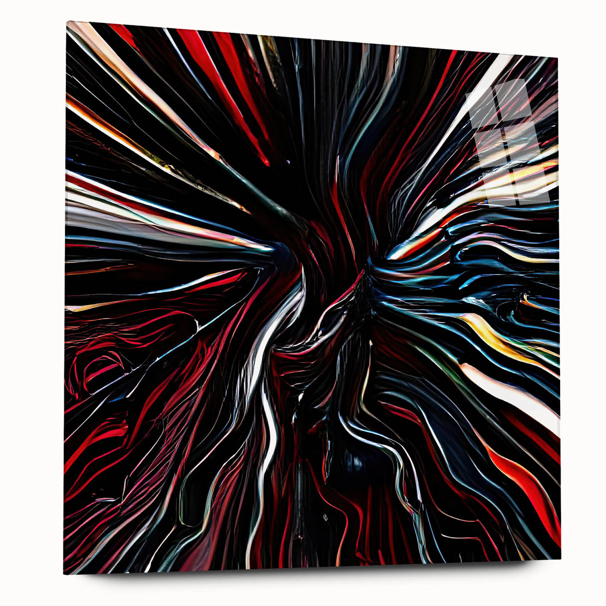 Abstract wall art featuring vibrant strokes in blue, orange, and yellow, displayed in a sleek acrylic glass frame, showcasing a modern design for contemporary decor.