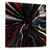 Abstract wall art featuring vibrant strokes in blue, orange, and yellow, displayed in a sleek acrylic glass frame, showcasing a modern design for contemporary decor.