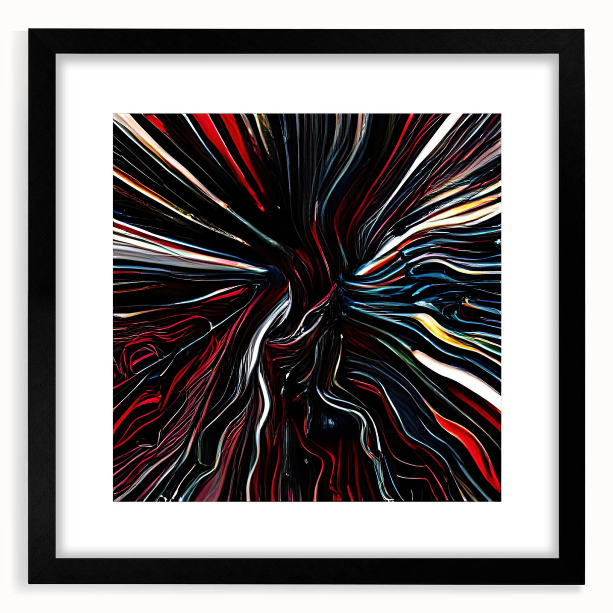 Abstract strokes wall art design framed with a black mat, showcasing vibrant colors and dynamic patterns, ideal for modern home decor and artistic ambiance.