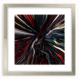 Abstract wall art featuring vibrant strokes in shades of blue, gold, and white, framed in a sleek silver frame with a mat, perfect for modern decor.