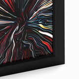 Close-up of a framed canvas artwork showcasing vibrant abstract strokes in blue, orange, and yellow, perfect for modern home decor and artistic interiors.