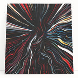 Abstract strokes wall art on stretched canvas, featuring vibrant colors like blue, yellow, and orange. The artwork leans against a light wall, adding a modern touch to any decor. Ideal for enhancing contemporary living spaces or art galleries.