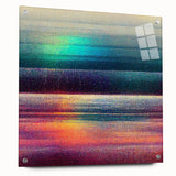 Abstract wall art featuring vibrant strokes in shades of blue, orange, and green, displayed in a sleek acrylic glass frame, highlighting intricate details and modern design.