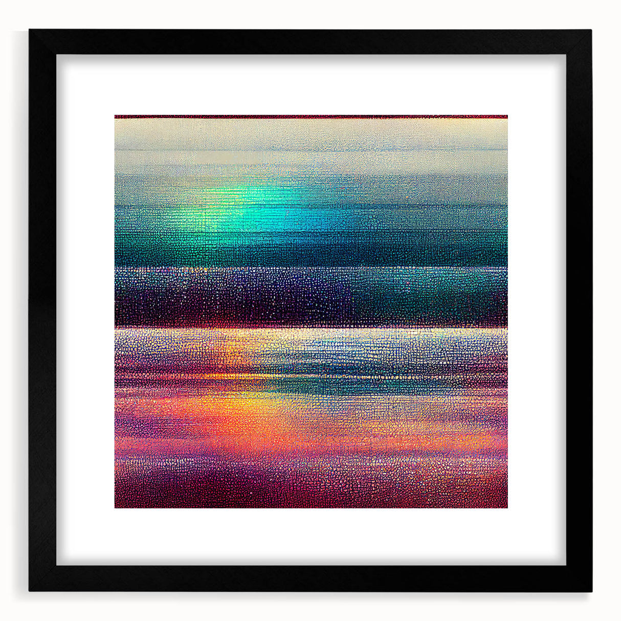 Abstract strokes wall art in a sleek black frame with a white mat, showcasing vibrant colors and dynamic patterns, ideal for modern home decor. The piece adds a contemporary touch to any interior space, perfect for art enthusiasts seeking unique designs.