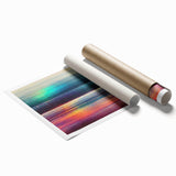 Abstract wall art print featuring vibrant strokes in shades of blue, yellow, and pink, rolled for easy display; perfect for modern home decor.