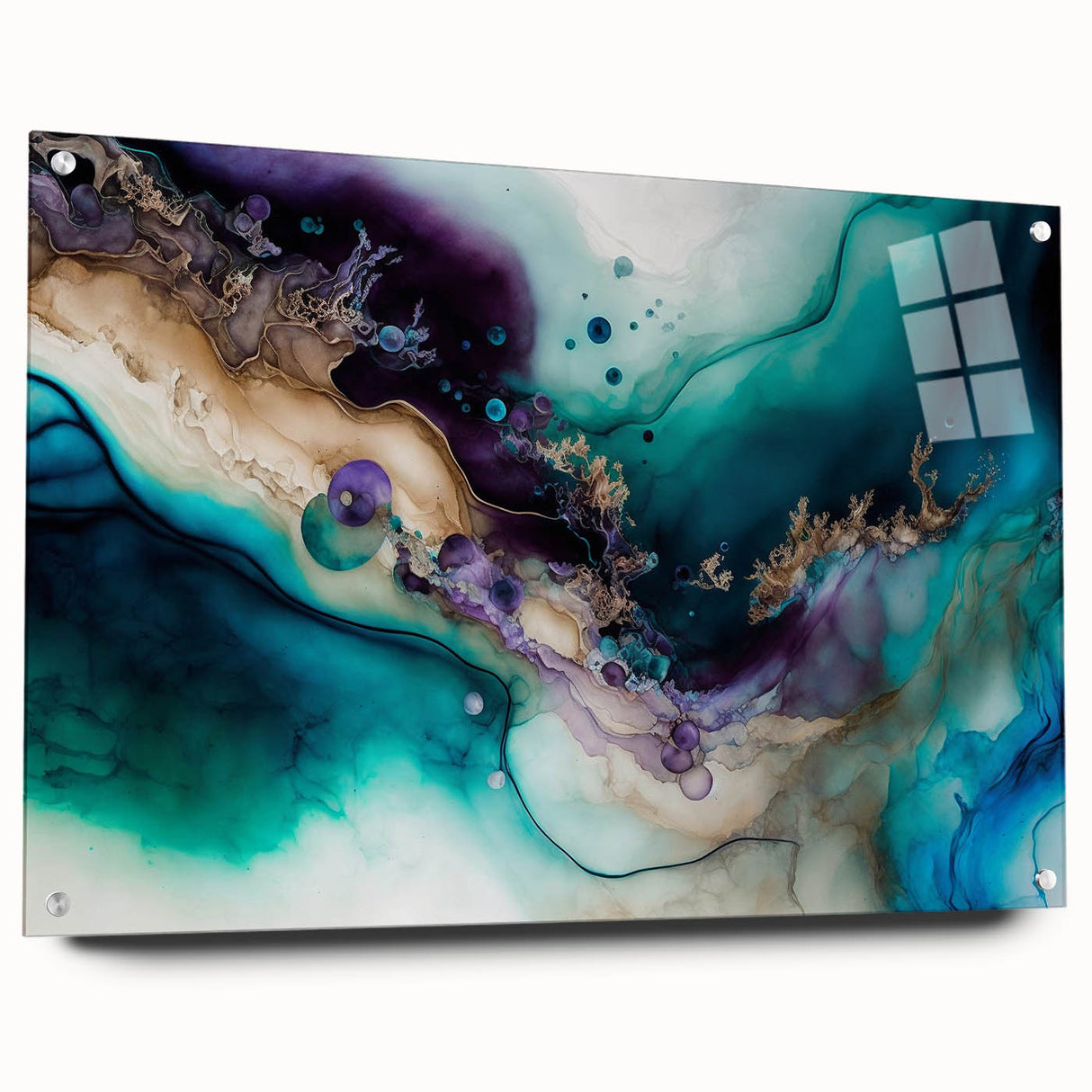 Abstract strokes wall art displayed in acrylic glass, showcasing vibrant colors and dynamic patterns, mounted with pins for an elegant presentation. Ideal for contemporary home decor.