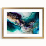 Abstract wall art featuring vibrant strokes in gold, blue, and pink hues, elegantly framed with a mat, perfect for modern decor. Ideal for adding a pop of color and sophistication to any room.