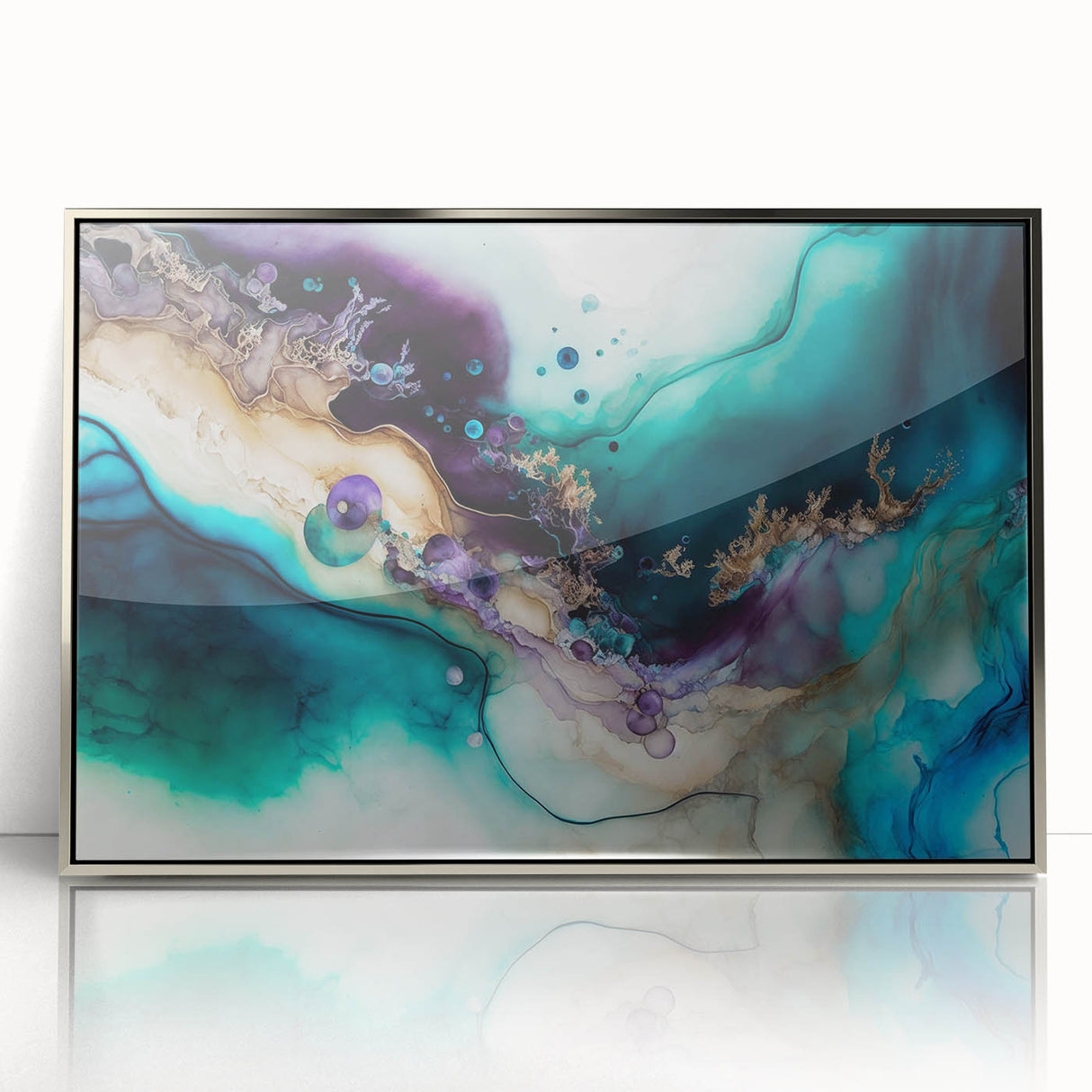 Framed wall art featuring abstract strokes in silver and white, showcasing a modern design with a glossy acrylic finish, ideal for contemporary home decor.