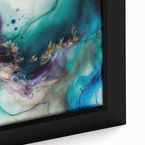 Close-up of a framed canvas wall art featuring vibrant abstract strokes in blue, orange, and yellow hues, showcasing modern artistic design ideal for contemporary home decor.