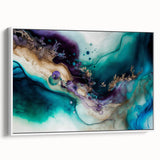 Framed abstract strokes wall art in a sleek white frame, showcasing vibrant colors and dynamic patterns, perfect for modern home decor. Side view emphasizes depth and texture.