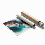 Abstract wall art print showcasing vibrant strokes in shades of blue, orange, and gold, perfect for modern home decor. Features a smooth surface, rolled for easy framing.