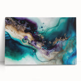Abstract canvas wall art featuring vibrant strokes in shades of blue, gold, and white, elegantly leaning against a minimalist backdrop, perfect for modern decor.