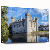 Acrylic wall art featuring a stunning landscape of a castle, displayed from a side view with decorative pins, emphasizing vibrant colors and intricate details, perfect for home decor.
