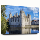 Acrylic glass artwork depicting a serene landscape with a majestic castle surrounded by lush greenery, showcasing vibrant colors and intricate details. Perfect for home décor and art enthusiasts.