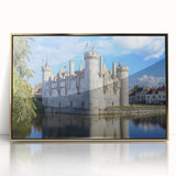 Framed acrylic artwork showcasing a vibrant landscape with a majestic castle set against a serene sky, accented with gold detailing, perfect for home decor.