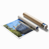 Scenic rolled print showcasing a vibrant landscape with majestic castles, featuring rich colors and intricate details, perfect for home decor.