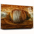 Acrylic glass artwork depicting a stunning landscape with intricate cave formations, viewed from the side and secured with decorative pins, ideal for modern home decor.