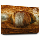 Acrylic glass artwork depicting a stunning landscape with intricate cave formations, viewed from the side and secured with decorative pins, ideal for modern home decor.