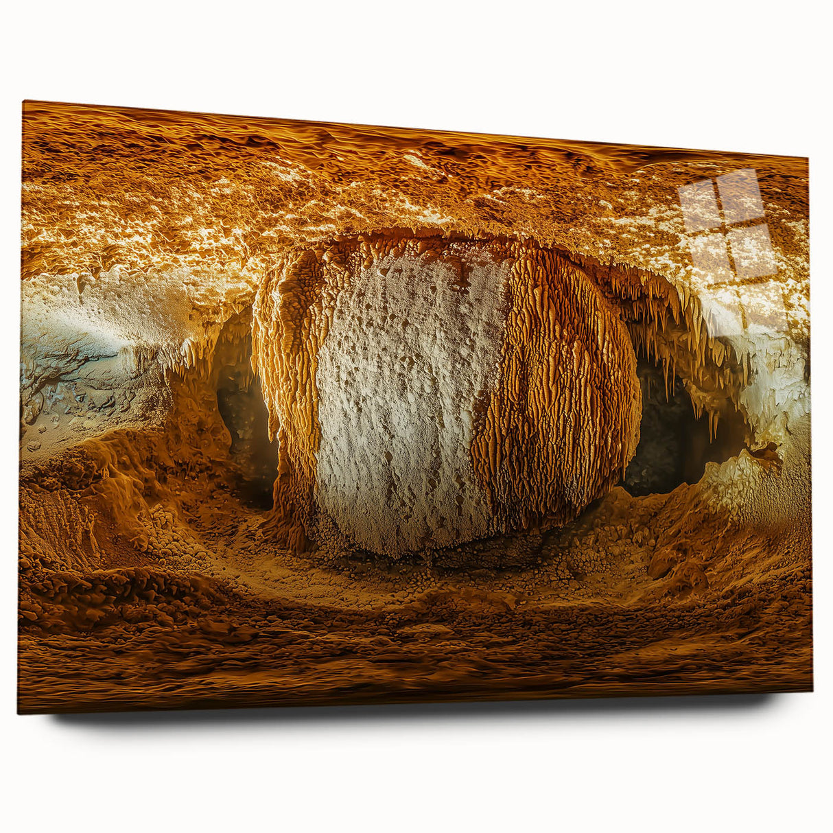 Acrylic glass artwork depicting a stunning landscape view of colorful caves, showcasing vibrant hues and intricate details, ideal for modern home decor.