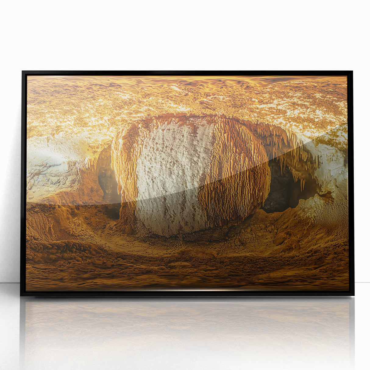 Framed acrylic artwork showcasing a stunning landscape with intricate cave details, presented in a sleek black frame, ideal for modern home decor.