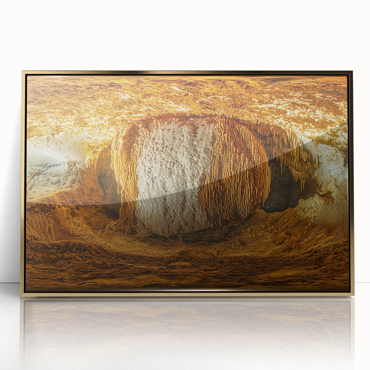 Framed acrylic artwork showcasing a vibrant landscape with intricate cave details, featuring a gold border, ideal for modern home decor and art enthusiasts.