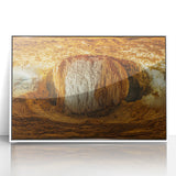 Framed acrylic artwork depicting a serene landscape with intricate cave details, set in a sleek white frame, perfect for modern home decor and art enthusiasts.