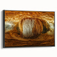 Framed canvas artwork depicting a serene landscape with caves, featuring a black frame and a side view that highlights its depth and texture, ideal for modern home decor.