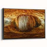 Framed canvas artwork depicting a serene landscape with caves, featuring a black frame and a side view that highlights its depth and texture, ideal for modern home decor.